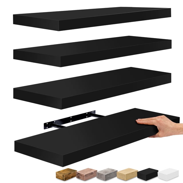 Sorbus Wall Mounted Floating Shelves for Wall Décor, a set of three 24-inch black faux wood shelves. The image shows the shelves in a staggered arrangement with one shelf being installed, highlighting their sleek, modern design. Ideal for displaying decorative items, toiletries, or kitchen essentials, these shelves are versatile for use above a desk, fireplace, or in a bathroom. Includes mounting hardware for easy installation.