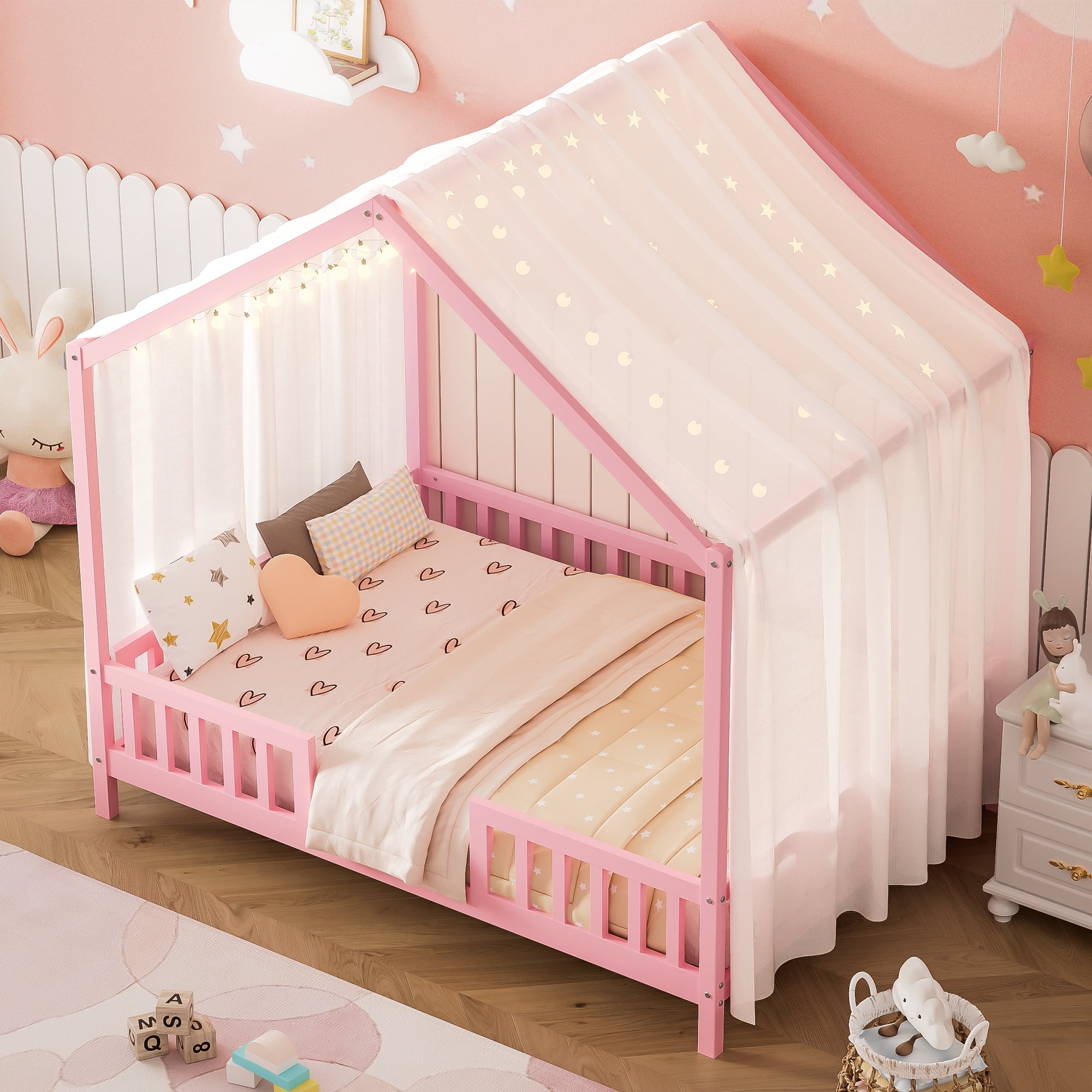 Homy Casa Montessori Full Size House Bed with Canopy, Pink Wooden Kids Bed Frame with Guardrails, Safe & Sturdy for Children