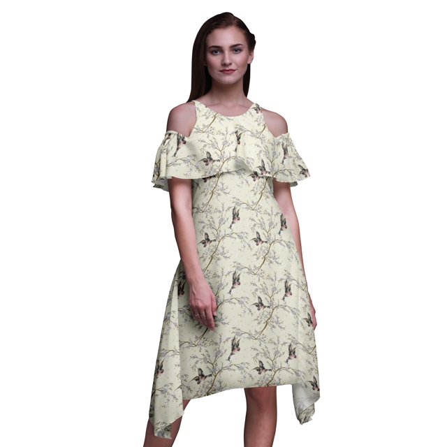 Bimba Robe Droite à Épaules Dénudées Style Chic pour Femmes Imprimé Oiseau Blanc Tunique d'Été - TTTG