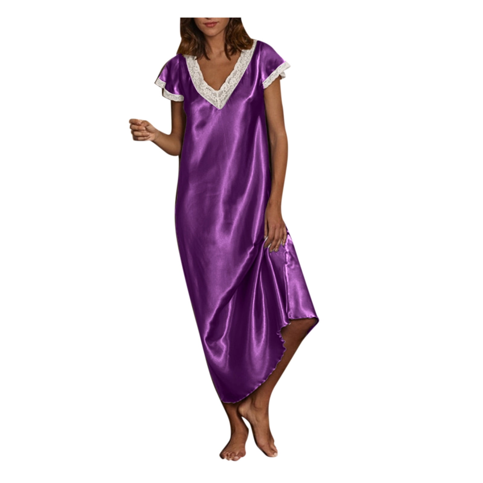 Robe à Manches Courtes Femmes Manches Courtes Col en V Tenue d'Intérieur Pyjamas Longue Robe Chemises de Nuit Vêtements de Nuit