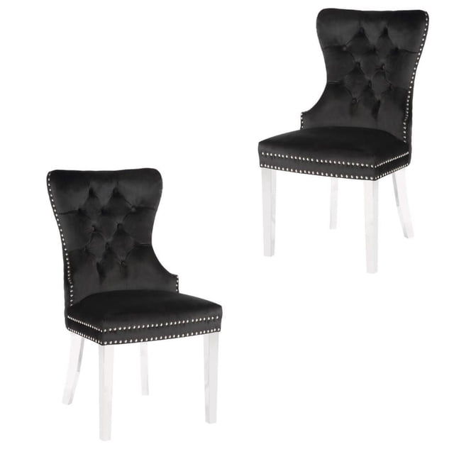 Chaise de Salle à Manger à Dossier Ailé Noire, Ensemble de 2, Comprenant Deux Chaises de Salle à Manger Modernes avec Rembourrage en Velours Noir, Dossiers à Ailes Capitonnés en Losange, Garniture de Clous Décoratifs, Cadres en Bois et Pieds en Acier Inoxydable Poli, Convient aux Sièges de Cuisine et de Salle à Manger et Est Souvent Utilisée comme Chaise d'Appoint Élégante.