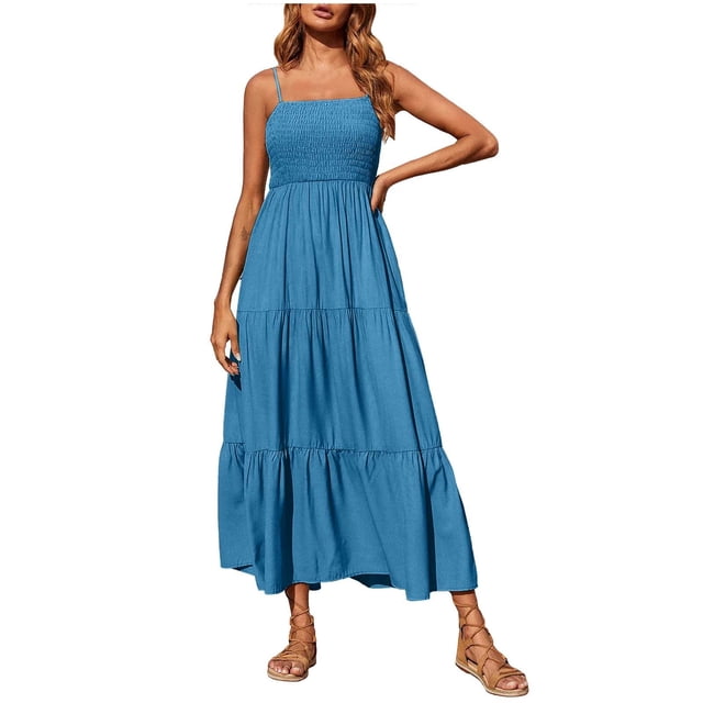 Tumotour Robes d'Été pour Femmes Col Rond Couleur Unie Camisole Robe Décontractée Longueur Thé Sans Manches Bretelles Spaghetti Robe Bohème Évasée Fluide Coupe Ample Robes de Vacances pour Sortir Fête Plage Rendez-Vous