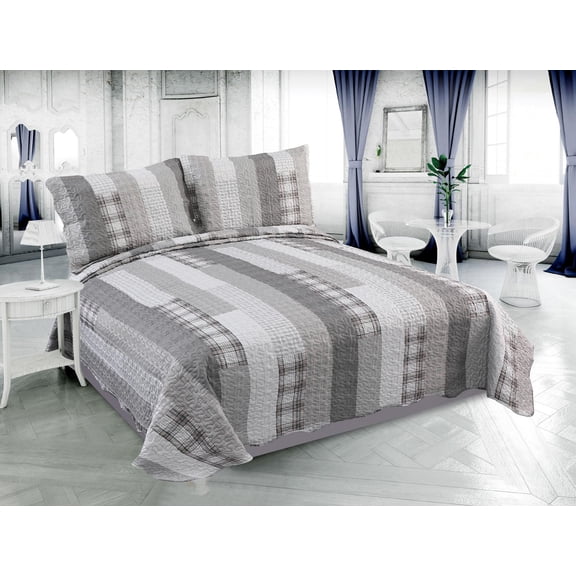 Marina Decoration Rich Printed Embossed Pinsonic Coverlet Bedspread Ultra Soft Bedding Summer Quilt Set with Shams, Modern Grey Striped Pattern