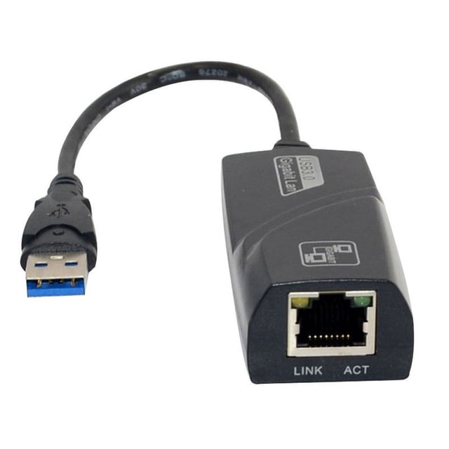 USB 3.0 Gigabit Ethernet Adapter in black, featuring an RJ45 input for network cables and a USB 3.0 output for PC or Mac connectivity. Supports 10/100/1000 Mbps Ethernet speeds, auto-sensing capability, and is backward compatible with USB 2.0. Compatible with IEEE 802.3, 802.3u, and 802.3ab standards, it supports full and half-duplex operation, jumbo packets up to 9 KB, and plug-and-play installation.