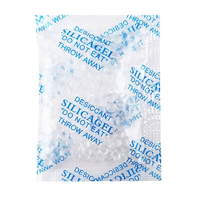 Paquets de Gel de Silice - 100 Pcs Absorbeurs d'Humidité 2 g, Dessiccant Transparent de Qualité Supérieure pour Rangement. l'Image Montre un Gros Plan d'Un Seul Sachet de Gel de Silice avec des Perles Claires à l'Intérieur, Étiqueté avec un Texte Bleu Lisant « Gel de Silice » et « Ne Pas Manger. » Ces Sachets de Dessiccant Sans Danger pour les Aliments Sont Conçus pour Absorber l'Humidité et Conviennent à la Conservation d'Articles comme les Aliments, l'Électronique et les documents.