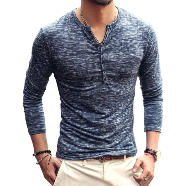 Haut pour Homme Col Rond Blouse à Boutons Manches Longues T-Shirt Décontracté Col Rond Bouton T-Shirt Ajusté, Bleu, TTG