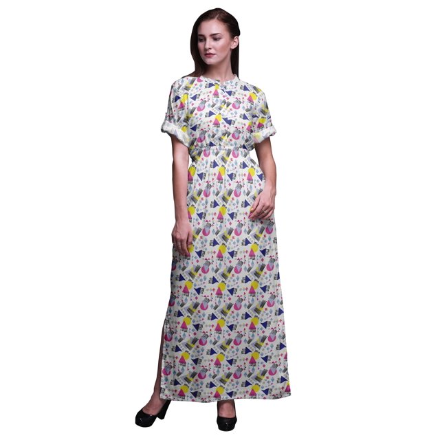 Bimba Rayon Circle & Triangle Geometric Womens Printed Side Slit SummerDressLong Maxi Gown-Medium