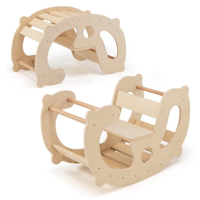 Costway 2-in-1 Rocking Horse Arch for Kids with Rocker Arch Climber in natural beech wood finish. Dolphin-shaped design with smooth edges, a supportive backrest, and sturdy wooden bars for climbing. Ideal as a rocking ride-on or indoor play toy for children aged 1+ years, promoting balance and coordination. Dimensions: 31.5 x 16.5 x 19 inches.