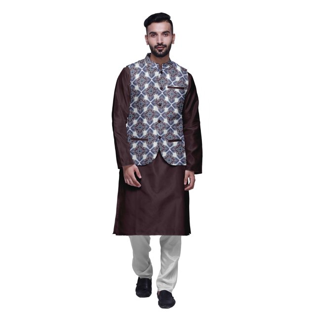 Atasi Ensemble de Pyjama Kurta Churidar Ethnique avec Veste Nehru Imprimée pour Hommes