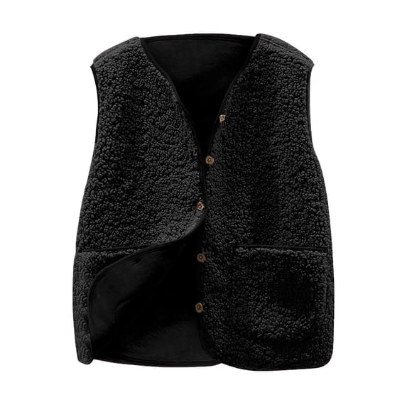 VINUSLI Womens Vests Fashion Casual Fleece Button Sleeveless Warm Sherpa Vest Winter Plus Size Faux Shearling Teddy Coat Gilet with Pockets Black,L