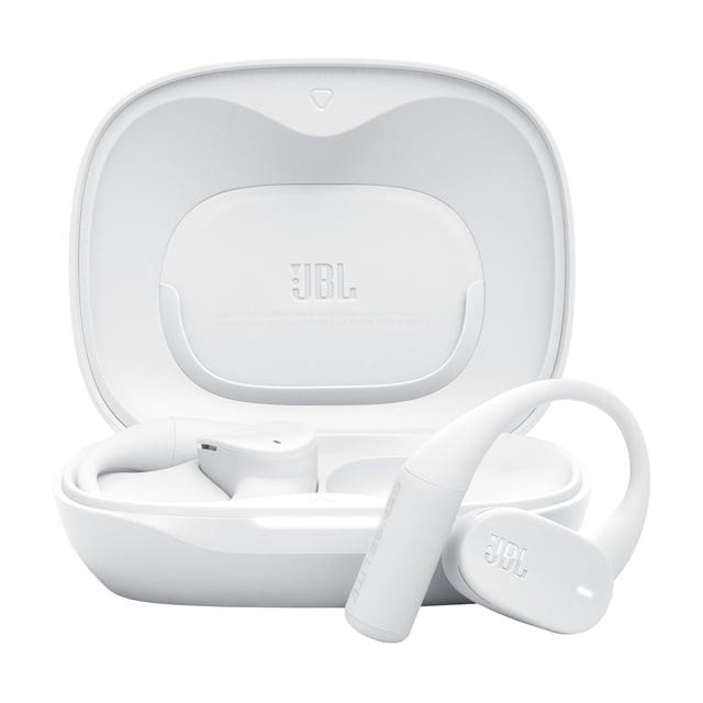 JBL Sense Lite White True Wireless Open-ear Headphones shown with one earbud outside and one inside the open white charging case, featuring lightweight silicone ear hooks, JBL OpenSound technology, IP54 water and dust resistance, and designed for all-day comfort and clear calls.