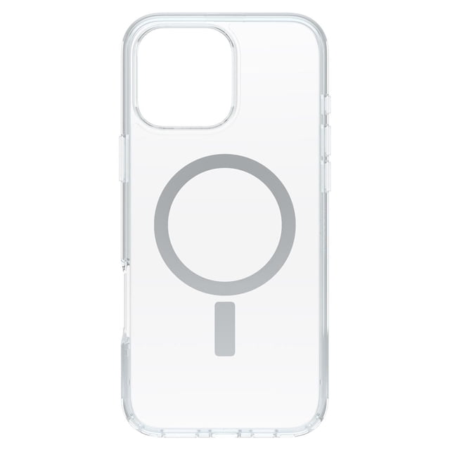 OtterBox Symmetry Clear Étui MagSafe Clair for iPhone 16 Pro Max avec un design Mince et transparent Présentant un Cercle et une Ligne d'Alignement MagSafe Gris à l'Arrière, Offrant une Couverture Protectrice et une Fixation Magnétique Sécurisée aux Chargeurs MagSafe et aux Accessoires Tout en Mettant en Valeur l'Allure Originale du Téléphone.