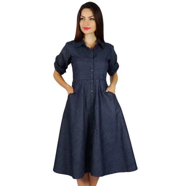 Bimba Robe Chemise en Chambray à Boutons pour Femmes avec Poches, Col Décontracté