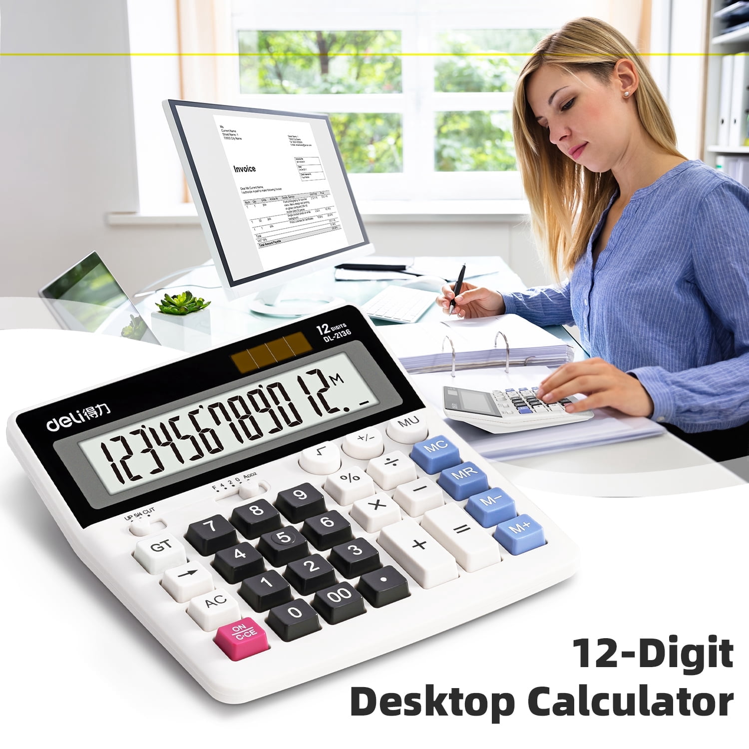 Deli 12-Digit Desktop Calculator, Battery & Solar Powered Standard Calculator with Extra Large LCD Display for Office Business School Home Daily Use Students