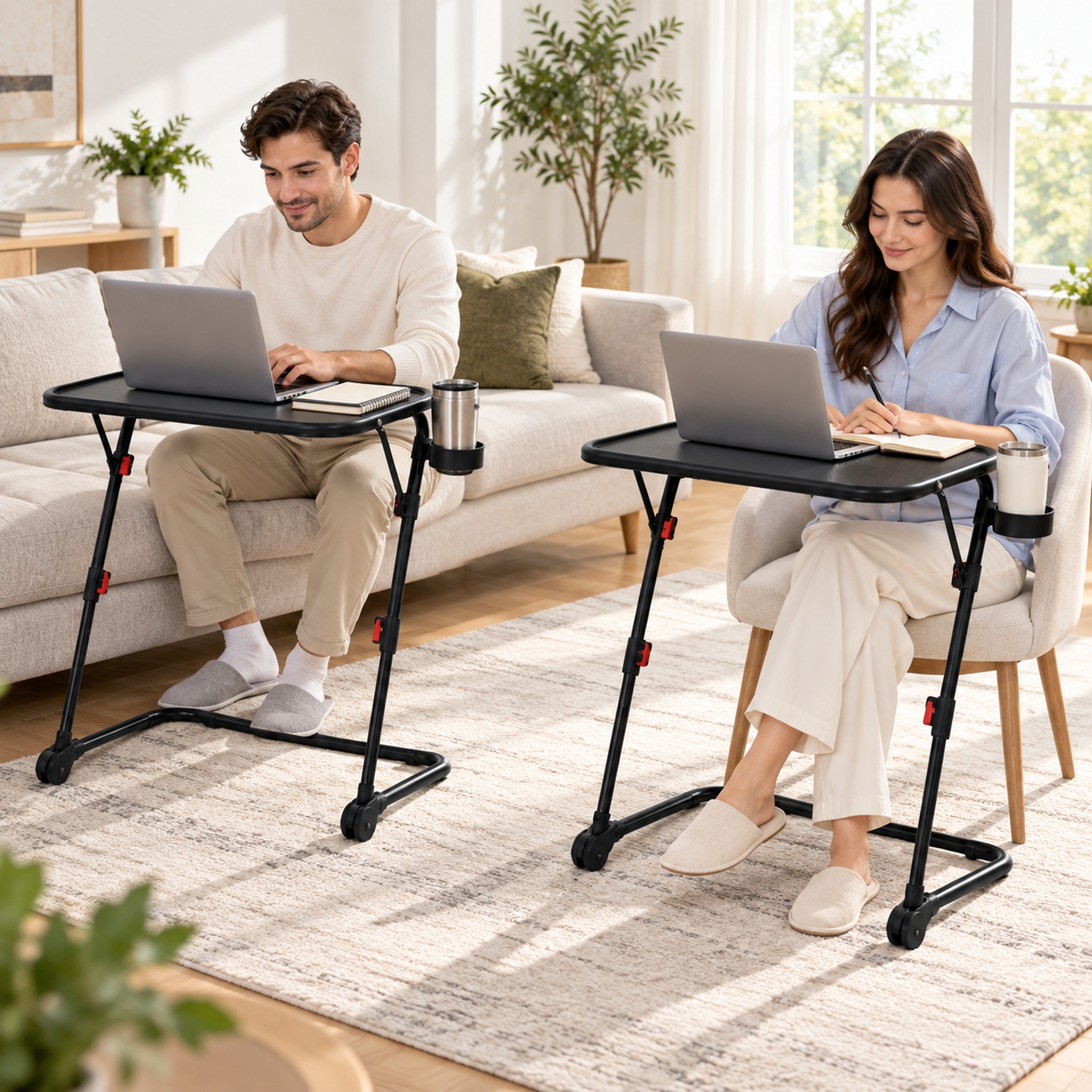 Homy Casa Adjustable Folding Sofa Tables Set of 2, Height Adjustable Tray Tables with Cup Holders for Living Room, Black