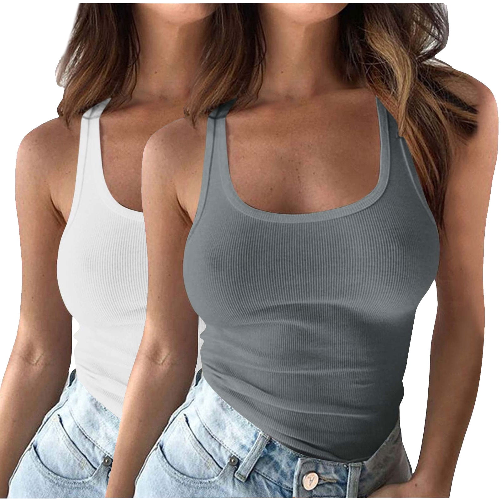 Yuyuzo 2pc Plus Size Tank Tops for Women Ribbed Knit Slim Fitted Camis Sleeveless Base Layer T Shirts