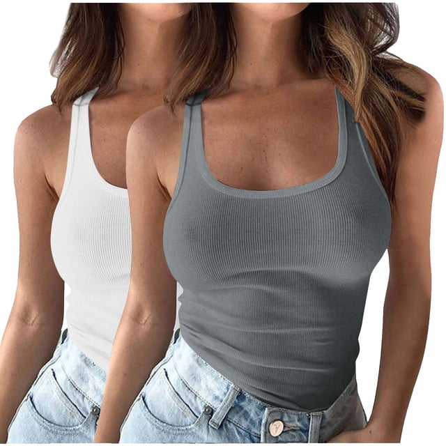 Plebaso 2 Pack Ribbed Tank Tops for Women Spaghetti Strap Slim Tops Scoop Neck Sleeveless Summer Tops