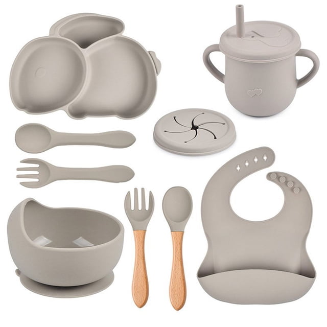 AMERTEER 9Pcs Children‘S Silicone Tableware Set Baby Non-Slip Divided Children‘S Plate Bowl With Suction Cup