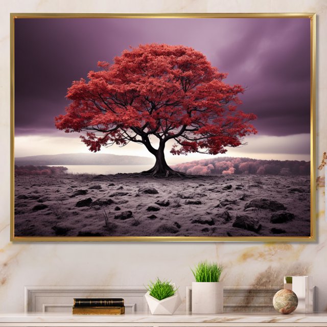 Designart Tree Gold framed wall art, Purple Tree Purple Autumn I , Trees Large framed wall art decor, Purple Traditional Gold framed wall art, 32x16 inches Gold Frame