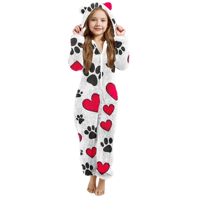EGNMCR Combinaison Fille Manches Longues Combinaison à Capuche Pyjama Décontracté Hiver Chaud Combinaison de Nuit Fille Polyester Combinaison