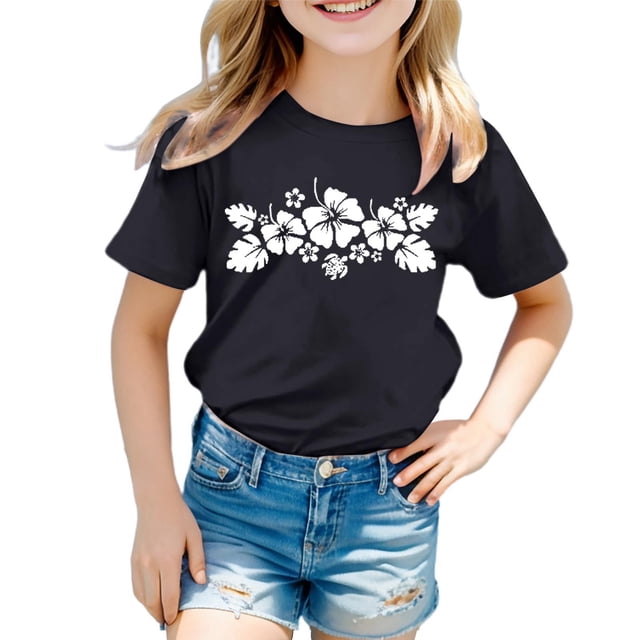 PMVFHDE Hauts à Manches Courtes pour Fille T-Shirts Graphiques pour Fille T-Shirts Amples d'Été pour Fille T-Shirts Imprimés Garçon et Fille Col Rond Manches Courtes T-Shirt Noir, 8-9 Ans