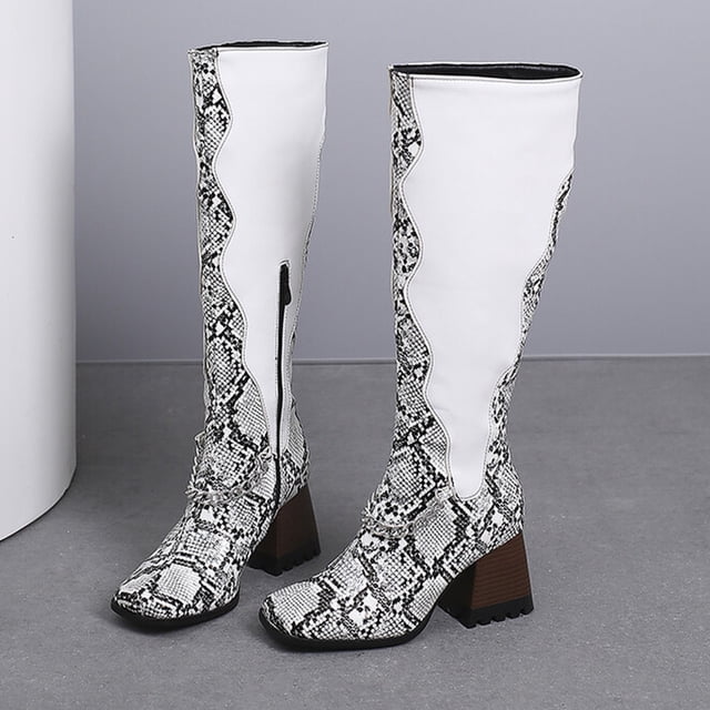 EGNMCR Knee High Boots Oversized Women's Fall/Winter Velvet Lining Color Matching Rectangle Toe Thick High Heels Long Chain Boots