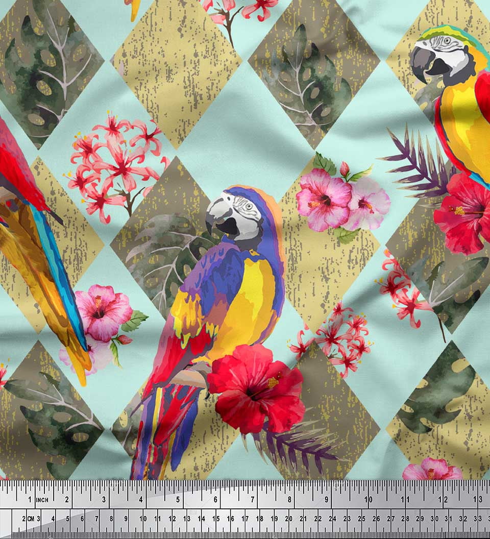 Soimoi Green Poly Georgette Fabric Floral Tropical Bird Printed Fabric 1 Yard 42 Inch Wide