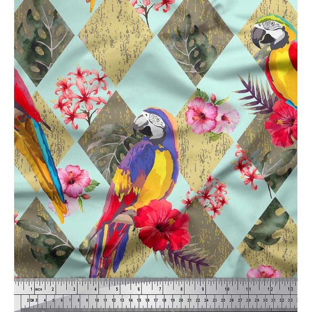 Soimoi Green Poly Georgette Fabric Floral Tropical Bird Printed Fabric 1 Yard 42 Inch Wide