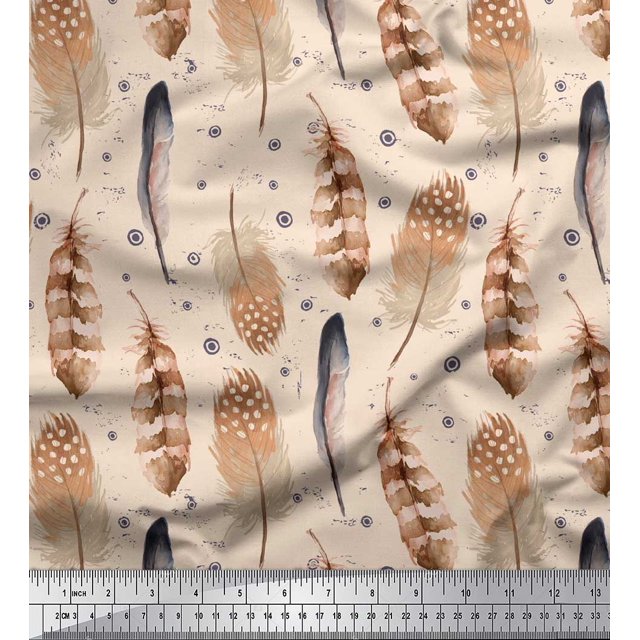 Soimoi White polyester Crepe Fabric Eagle Feather Print Fabric by Yard 52 Inch Wide