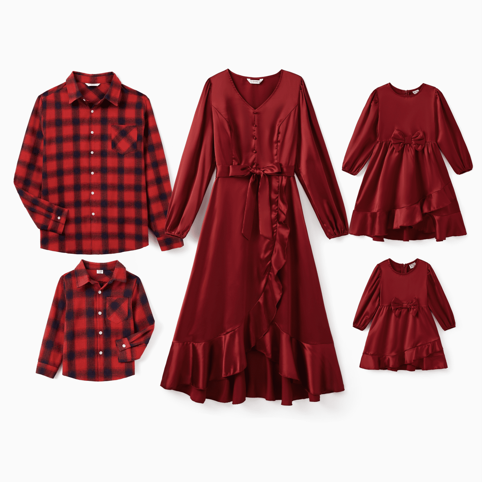 PatPat Tenues Assorties Rouges pour la Famille Robe en Satin Soyeux à Longues Manches Bouffantes Ou Chemise à Carreaux