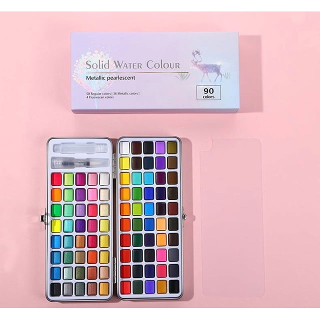 Ensemble Portable de Peinture Aquarelle Solide / 24 Couleurs Vibrantes / Pigments de Haute Qualité / Comprend un Pinceau à Eau et une Palette de Mélange