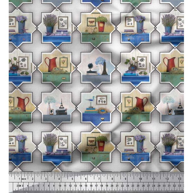 Soimoi Modal Satin Fabric Frame,Jug & Flower Pot Patchwork Print Sewing Fabric Yard 42 Inch Wide