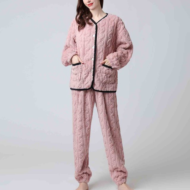Couples Women Button Warm Winter Flannel Pajamas Set Long Sleeve Long Pant