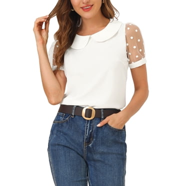 INSPIRE CHIC Haut pour Femme Col Peter Pan Manches Courtes Bouffantes en Maille Blouse Vintage à Pois TP Blanc