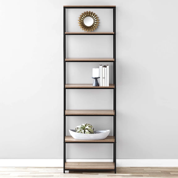 Mainstays 6-Shelf Metal Frame Bookcase, Rustic Brown