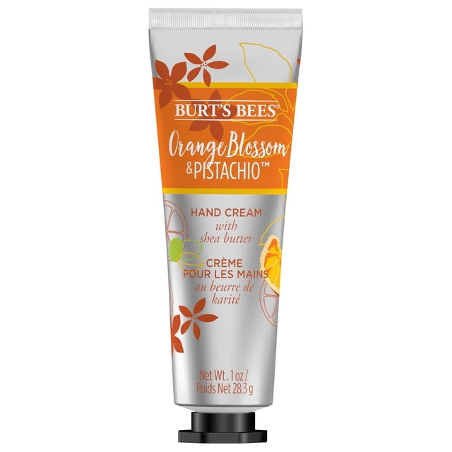 Burt's Bees Hand Cream with Shea Butter, Orange Blossom & Pistachio, front-facing view of a squeezable tube showing the Burt's Bees name and product title; a rich buttery hand cream for all-day moisturization with botanical orange blossom and pistachio scent, travel-friendly and often used to soften cuticles.