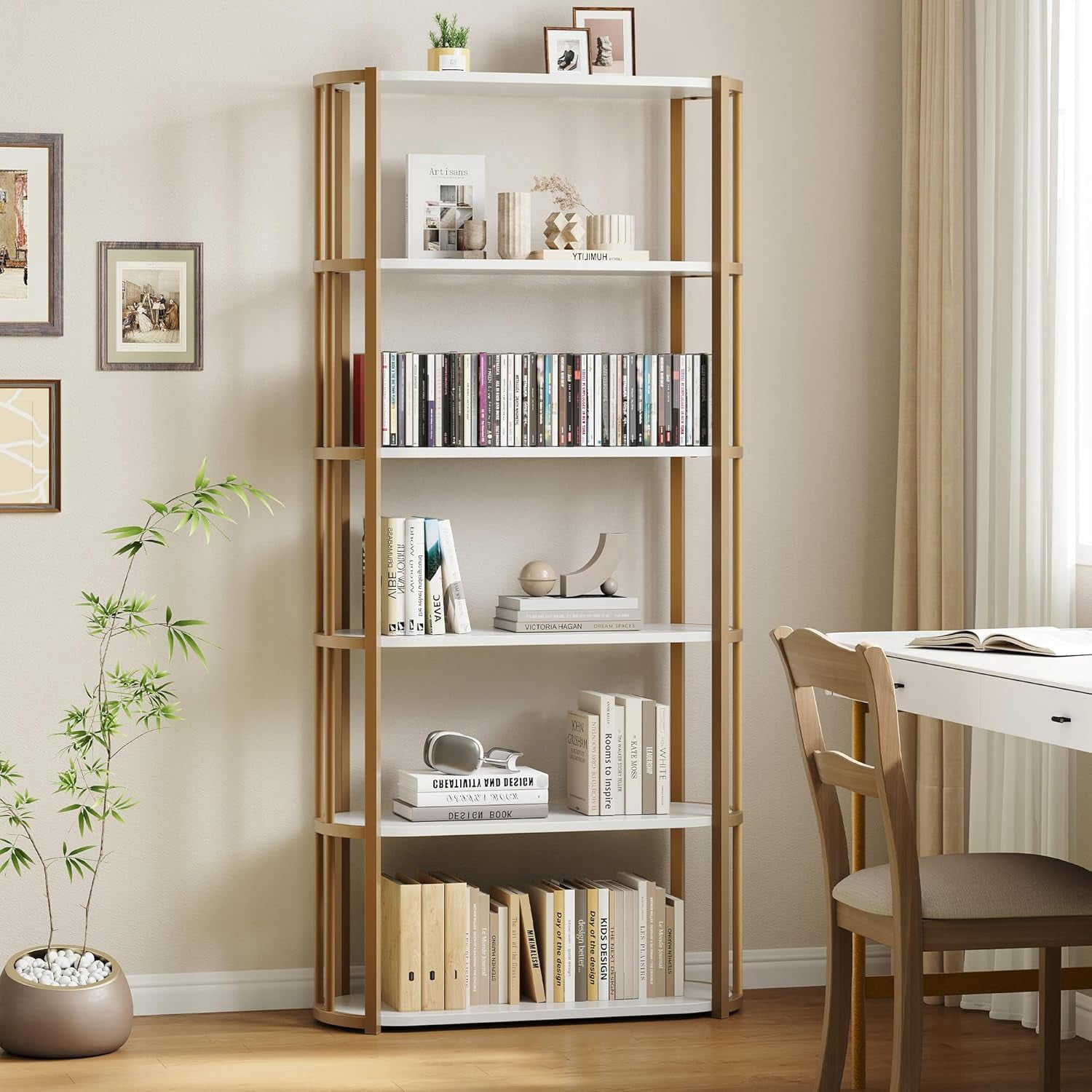 Ourlova 6 Tier Book Shelf Modern Tall Bookshelf Industrial Bookcase Corner Storage Organizer Free Standing Storage Shelving Unit for Bedroom Office Kitchen Living Room White
