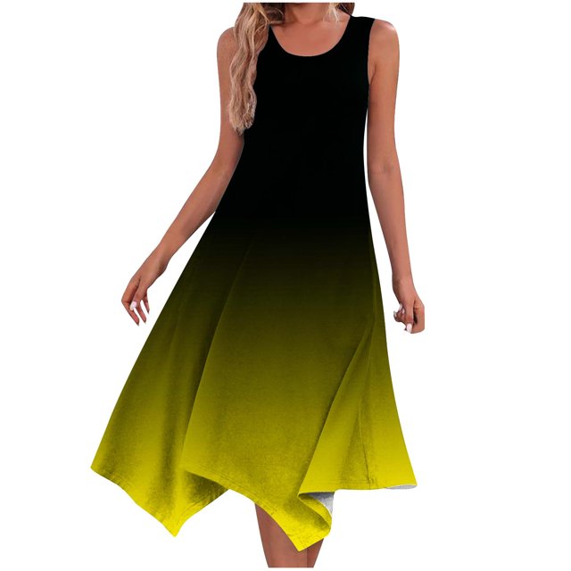 Yuyuzo Robe pour Femmes Sans Manches Décontractée Robe Débardeur Col Rond Robes de Plage Ourlet Irrégulier Robes Midi Fluides