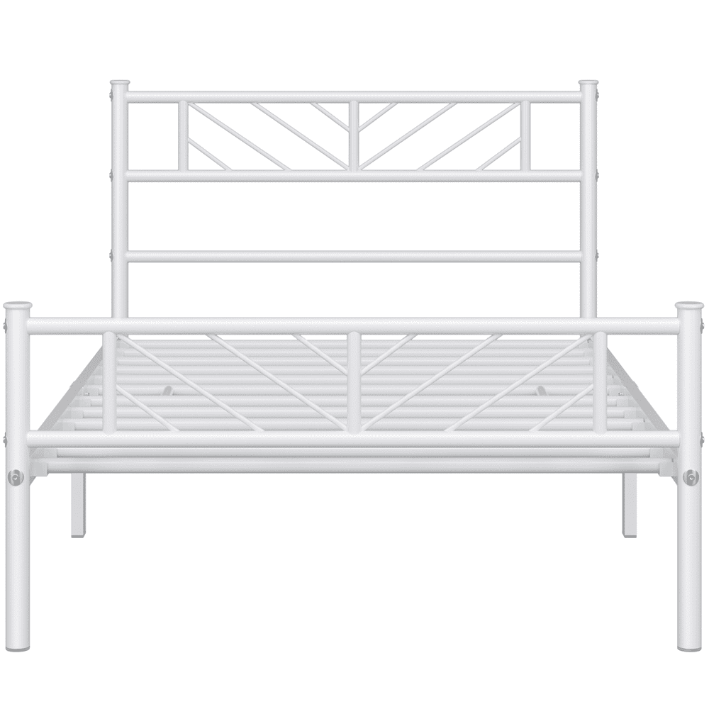 FullFurnique Minimalist Metal Platform Bed with Arrow Design Headboard for Adults, Full, White