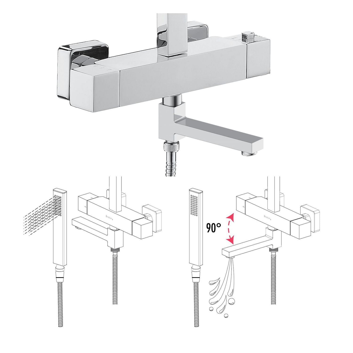The akuaplus® Square Bathtub Spout or shower 1/2 in. female 2-way.