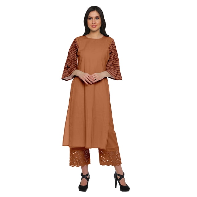 Moomaya Ensemble Kurta Ethnique Imprimé Palazzo à Col Rond en Coton Slub pour Femmes Grande Taille
