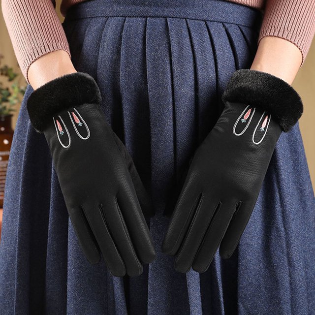 Woman Warm Snow Gloves Thick Soft Faux Rabbit Plush Edge Anti-slip for Cold Weather Outdoor Skiing and Cycling