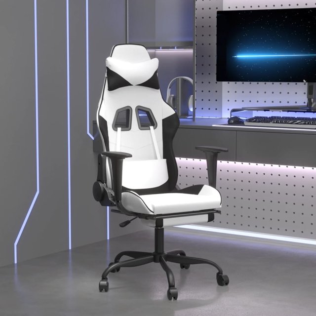 vidaXL Chaise de Gaming avec Repose-Pieds Similicuir Blanc et Noir