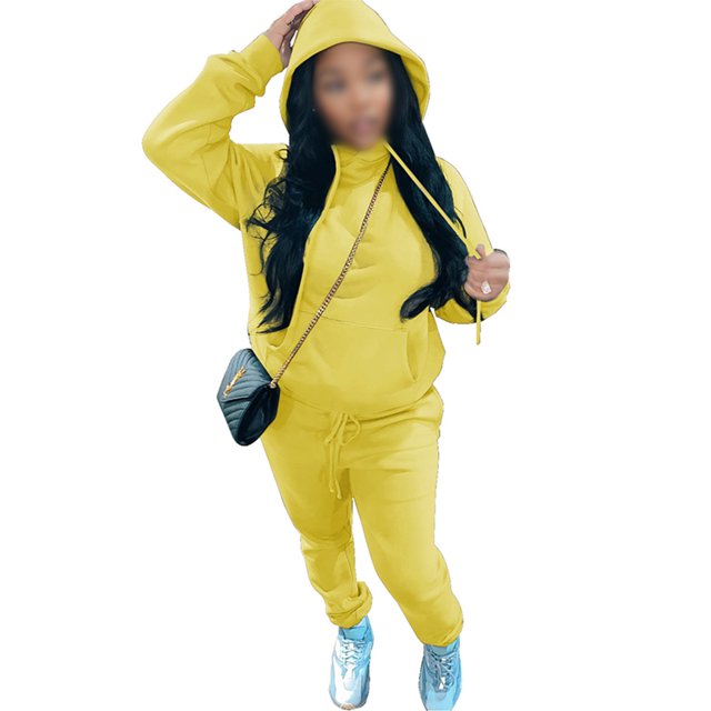 MAWCLOS Ladies Two Piece Outfit Drawstring Tracksuit Sets Long Sleeve Jogger Set Straight Leg Sports Hooded Neck Sweatsuits Yellow 2XL