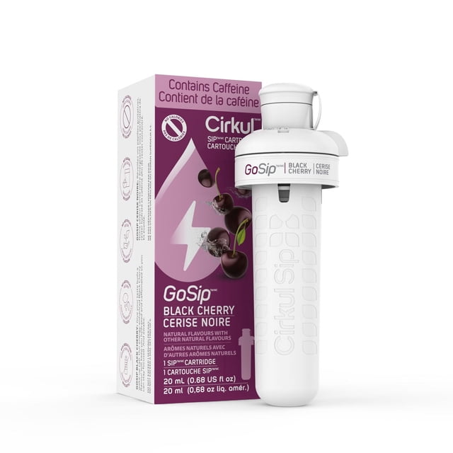 Cirkul GoSip Black Cherry Flavor Cartridge 1-pack featuring a white cylindrical cartridge with embossed branding and a white cap labeled GoSip Black Cherry, shown next to its purple box with black cherry images, caffeine content, and bilingual English-French text, ideal for adding zero-calorie, caffeinated black cherry flavor to water.
