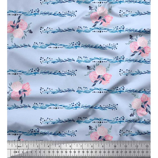 Soimoi Blue Cotton Cambric Fabric Leaves & Ranunculus Floral Print Fabric by Yard 42 Inch Wide