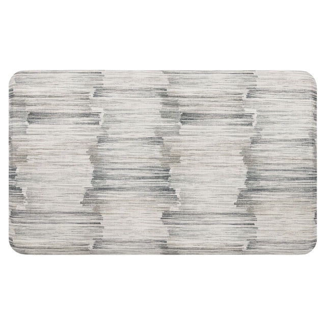 Vogeo Stone polyester kitchen mat 18x30 with a rectangular shape and rounded corners, featuring a horizontal brushstroke pattern in grey and beige tones, designed with anti-fatigue cushioning and a stain-resistant surface, ideal for kitchen or laundry areas.