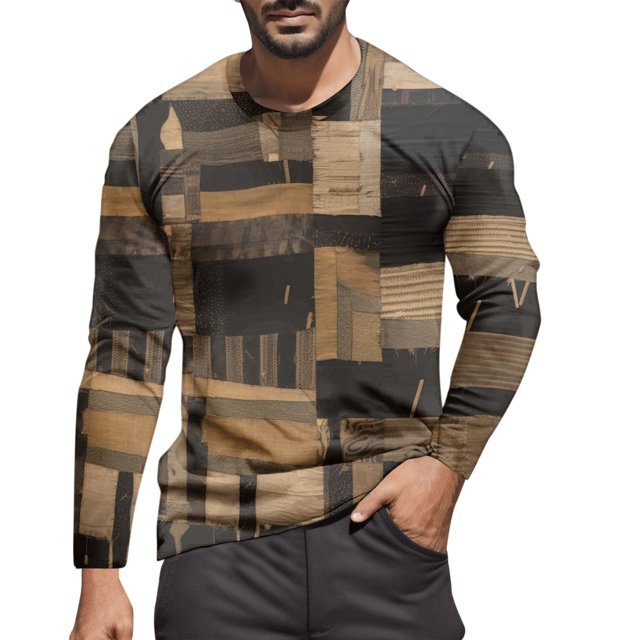 LUOGENLI T-shirts pour Homme pour Hommes Homme Automne et Hiver Mode Imprimé Col Rond Manches Longues T-Shirt Rétro Imprimé Intégral Hauts 4TG T-shirts pour Hommes T-shirts Graphiques T-shirts Fête de la Saint-Patrick Brun m