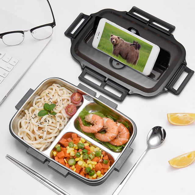 Dvkptbk Lunch Boîte à en Acier Inoxydable Isolée à Plusieurs Couches, Contenant Bento pour Aliments d'Une Capacité de 1 L, avec Compartiments pour Nouilles, Crevettes et Légumes. Comprend un Loquet flexible avec Fermeture à Loquet, un Couvercle Compatible Micro-Ondes et un Support pour Téléphone. Fabriquée en Acier Inoxydable et Plastique de Qualité Alimentaire 304, Idéale pour le camping, les Résidences Étudiantes Ou le Bureau.