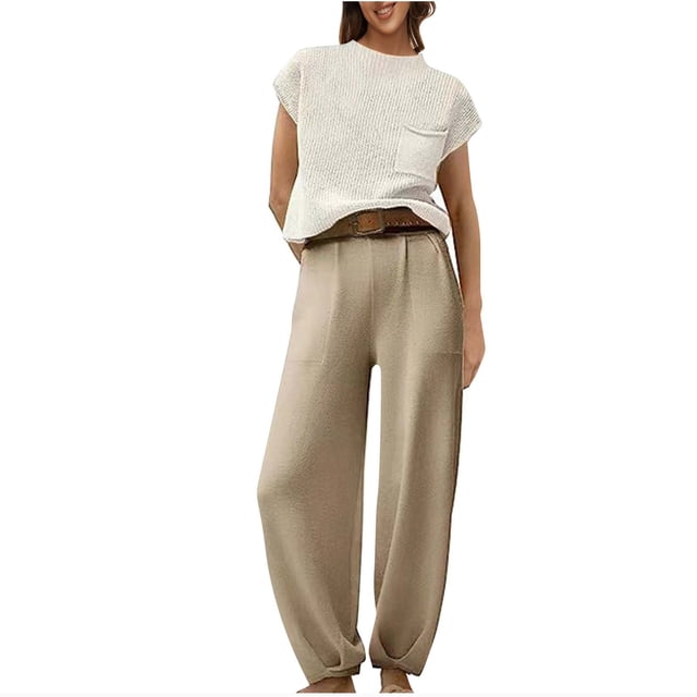 Timegard Ensembles Lounge pour Femmes 2 Pcs Hauts Courts Amples à Manches Cap Courtes Pantalons à Bas Resserré avec Poches Tenues